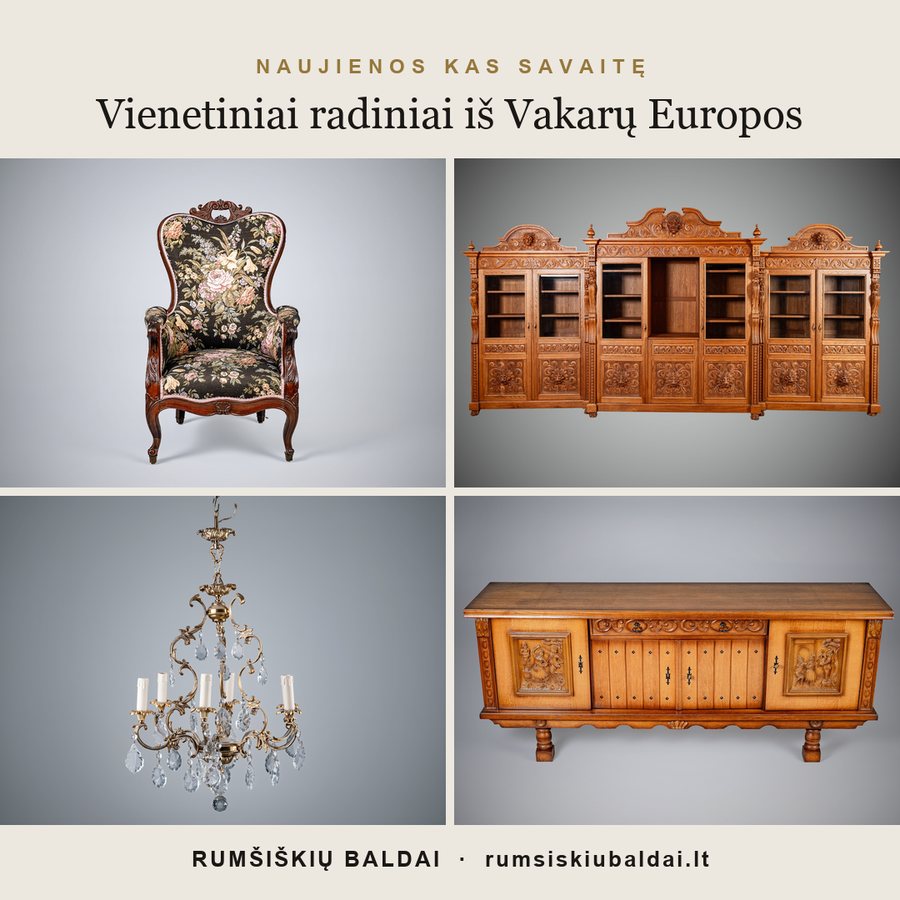 Antikvarinių baldų reklama, kvadratinis formatas